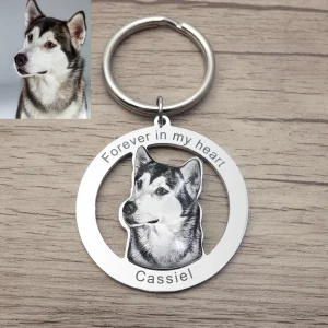 Custom Photo Engraved Pet Portrait Keychain (Personalized - Gift) - Black White Picture