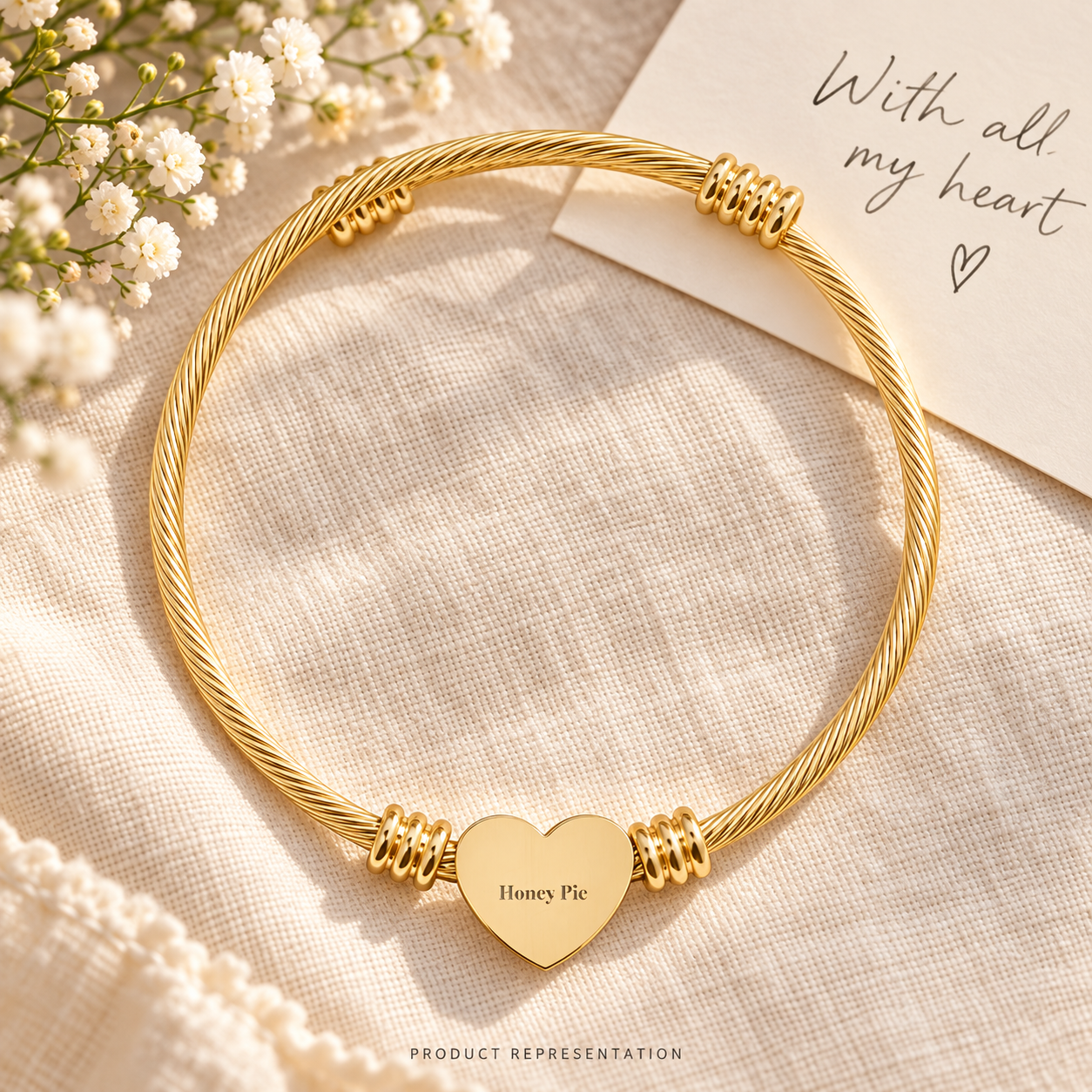 Heart Cuff Bracelet (Engraving) Gold Plate - Image 2