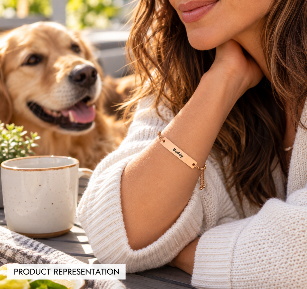 Rose gold adjustable bar bracelet worn on a woman's wrist beside a dog.