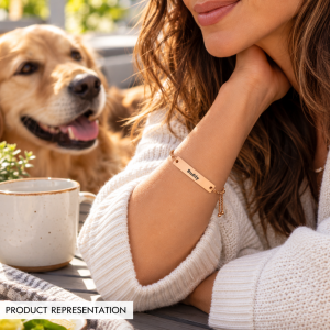 Rose gold adjustable bar bracelet worn on a woman's wrist beside a dog.