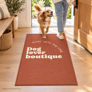 Rust printed rug shown in a dog entryway view.