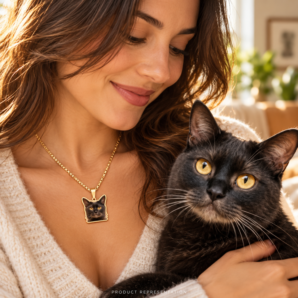 Gold cat photo pendant worn by a woman holding a black cat.
