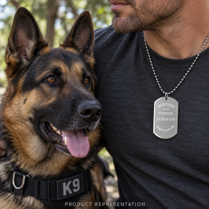 Silver dog tag shown in a worn with dog view.