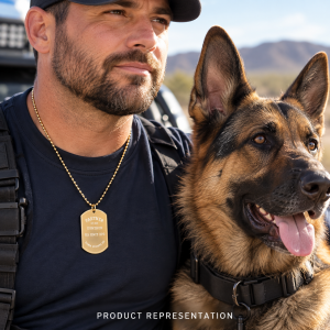 Gold dog tag shown in a worn with dog view.