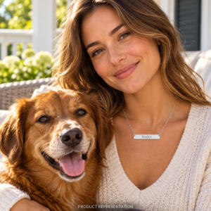 Silver horizontal bar shown in a worn with dog view.