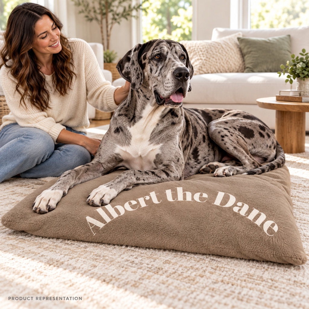Taupe fleece bed shown in a dog and owner view.