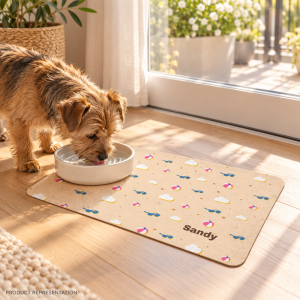 Peach patterned pet food mat beside a dog at mealtime.