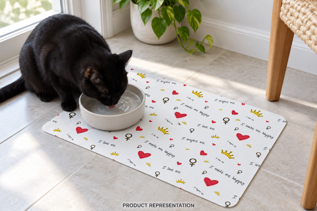 White pet food mat with heart and crown pattern shown beneath feeding bowls beside a cat.