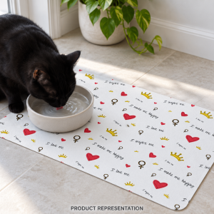 White pet food mat with heart and crown pattern shown beneath feeding bowls beside a cat.