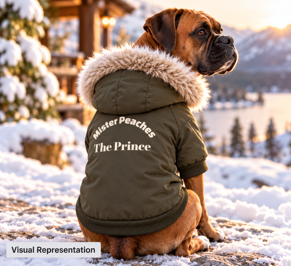 Khaki dog parka shown in a dog side view.