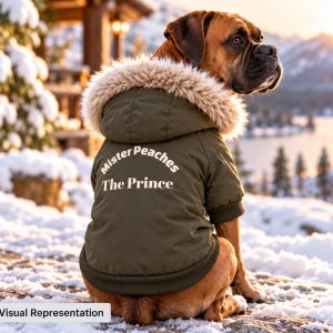 Khaki dog parka shown in a dog side view.