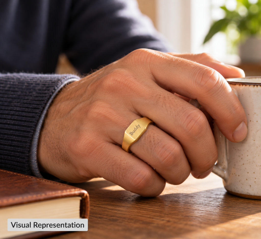 Gold square ring shown in a worn hand view.