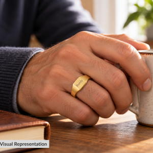 Gold square ring shown in a worn hand view.