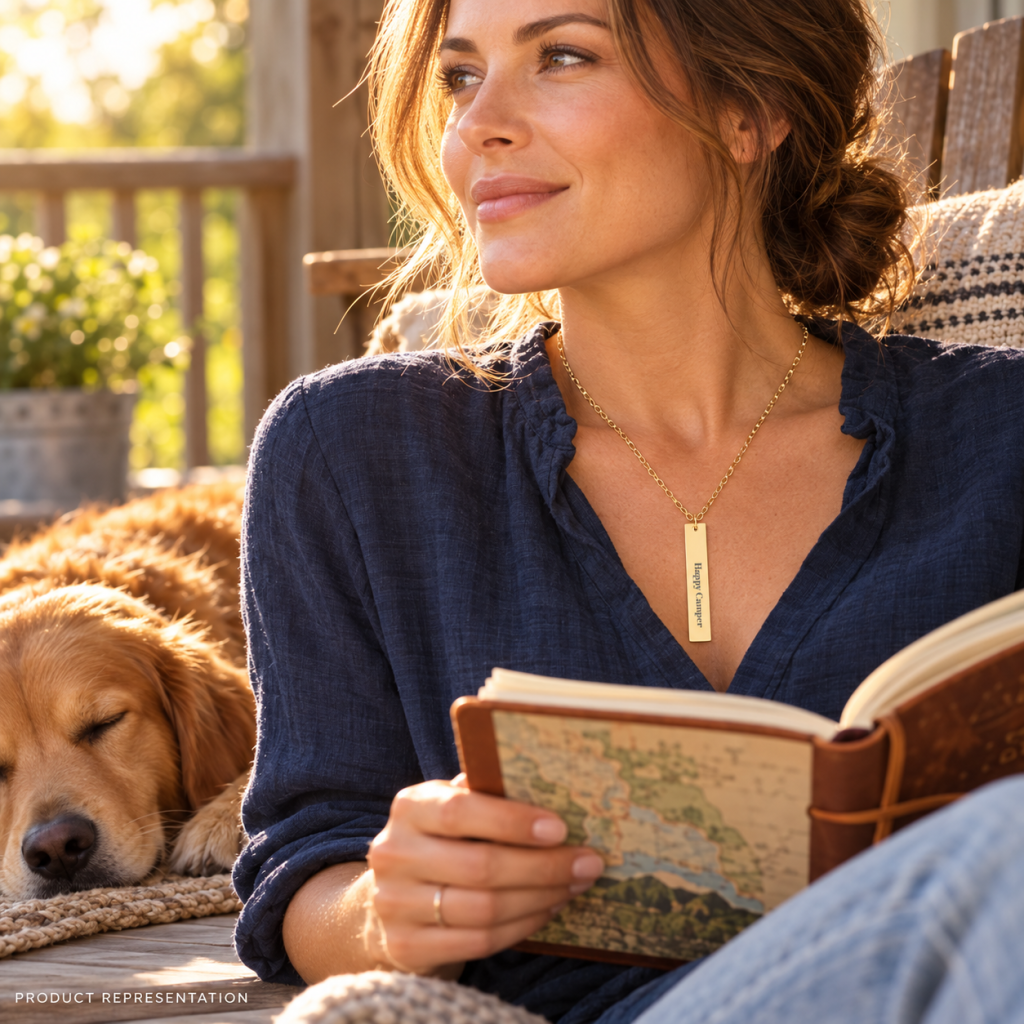 Gold vertical bar necklace worn by a woman reading beside a dog.