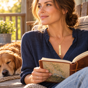 Gold vertical bar necklace worn by a woman reading beside a dog.