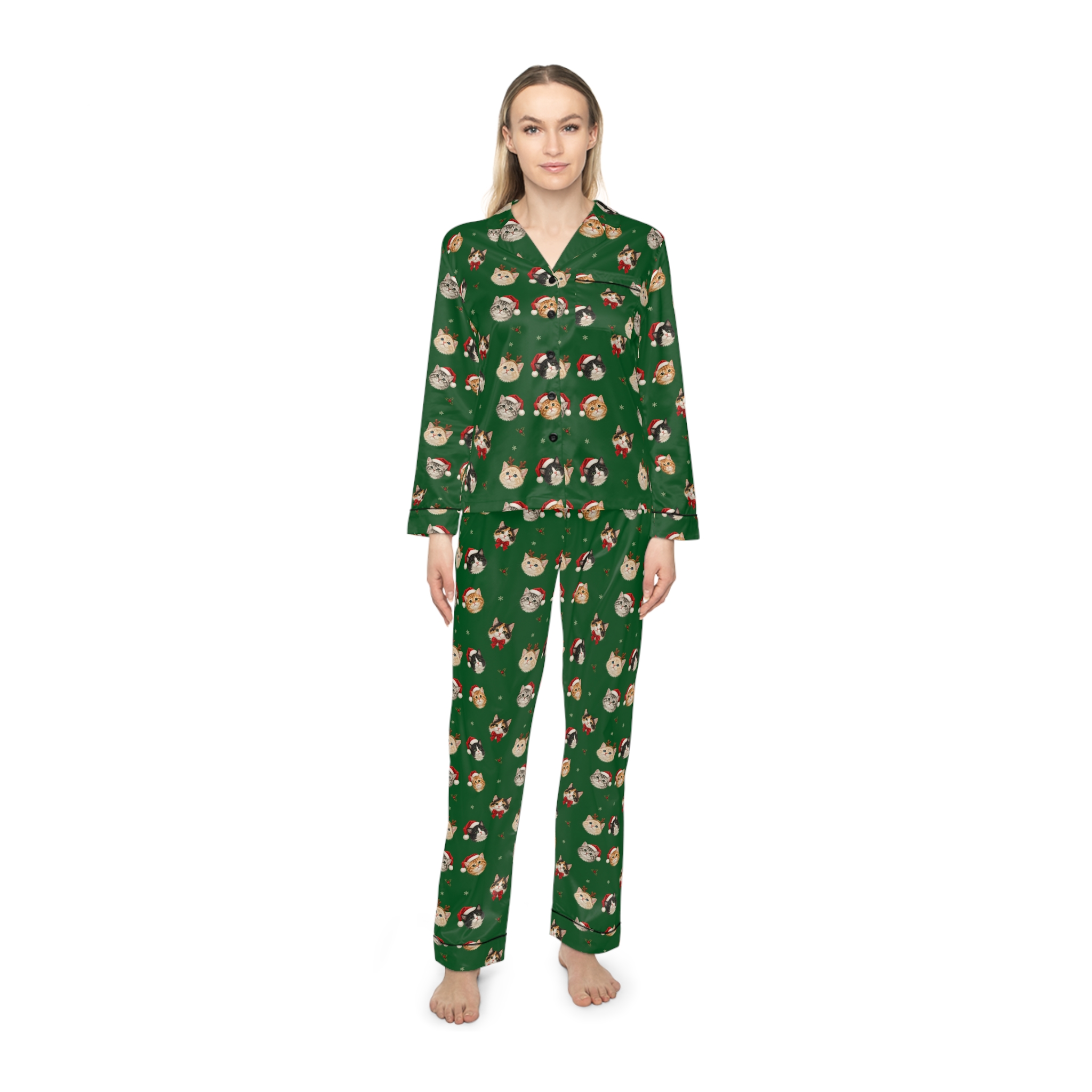 Petty PJs — Loose Christmas Cats Womens Complete Satin Pajama Set - Image 3