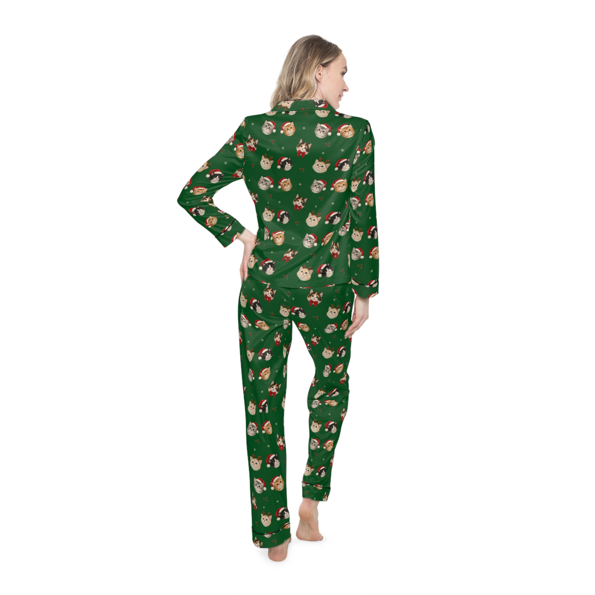 Petty PJs — Loose Christmas Cats Womens Complete Satin Pajama Set - Image 4