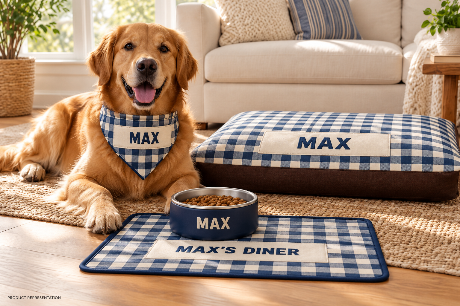 Classic Gingham Buddy Bundle lifestyle concept with a dog, matching bandana, feeding mat, pillow bed and solid-color stainless steel bowl