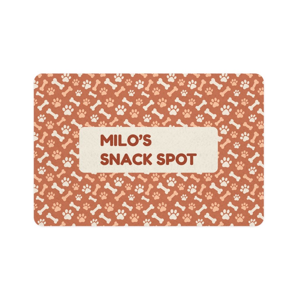 Playful Personalized Pet Food Mat — individual item; personalization shown is an example.