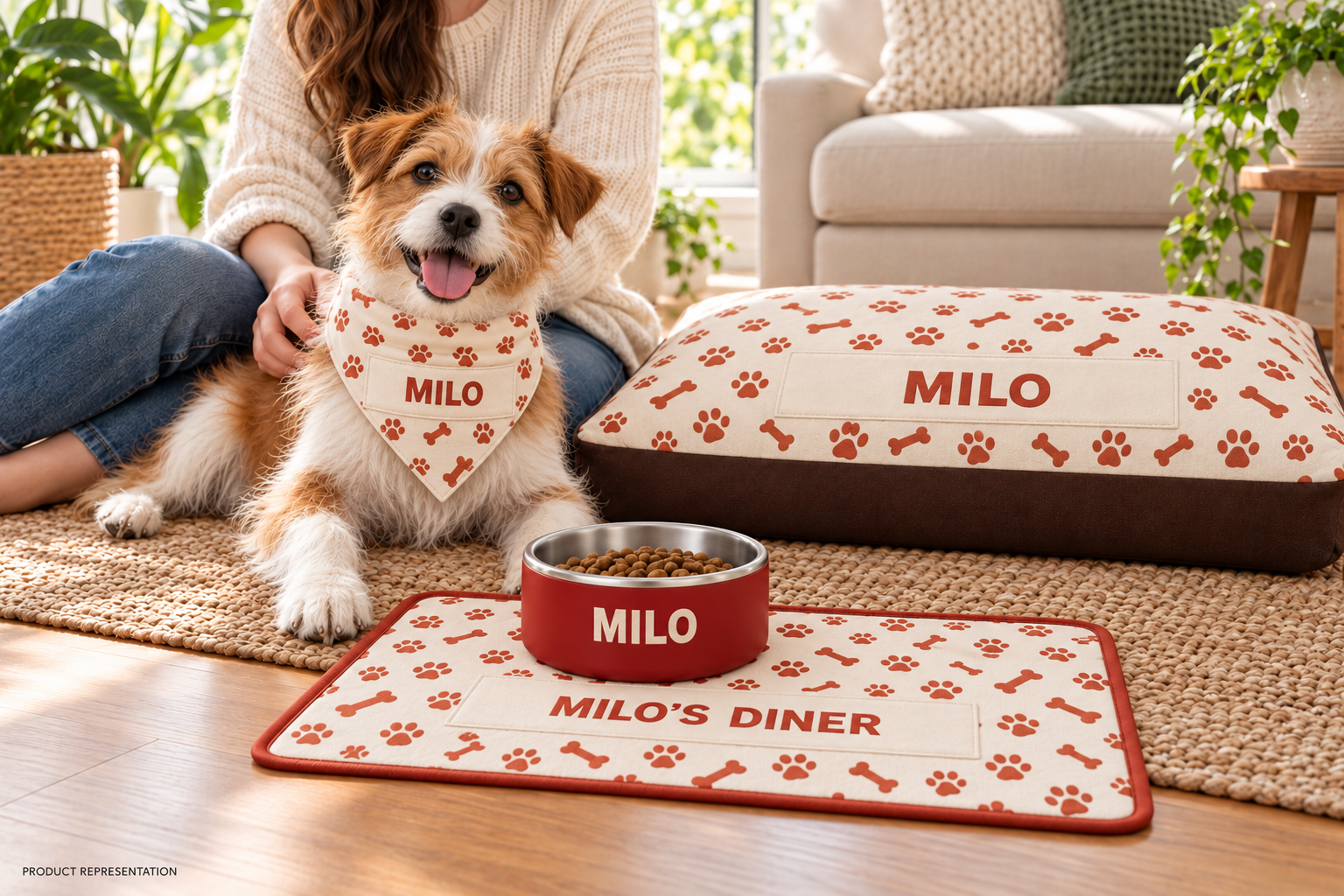 Playful Buddy Bundle lifestyle concept with a dog, matching bandana, feeding mat, pillow bed and solid-color stainless steel bowl