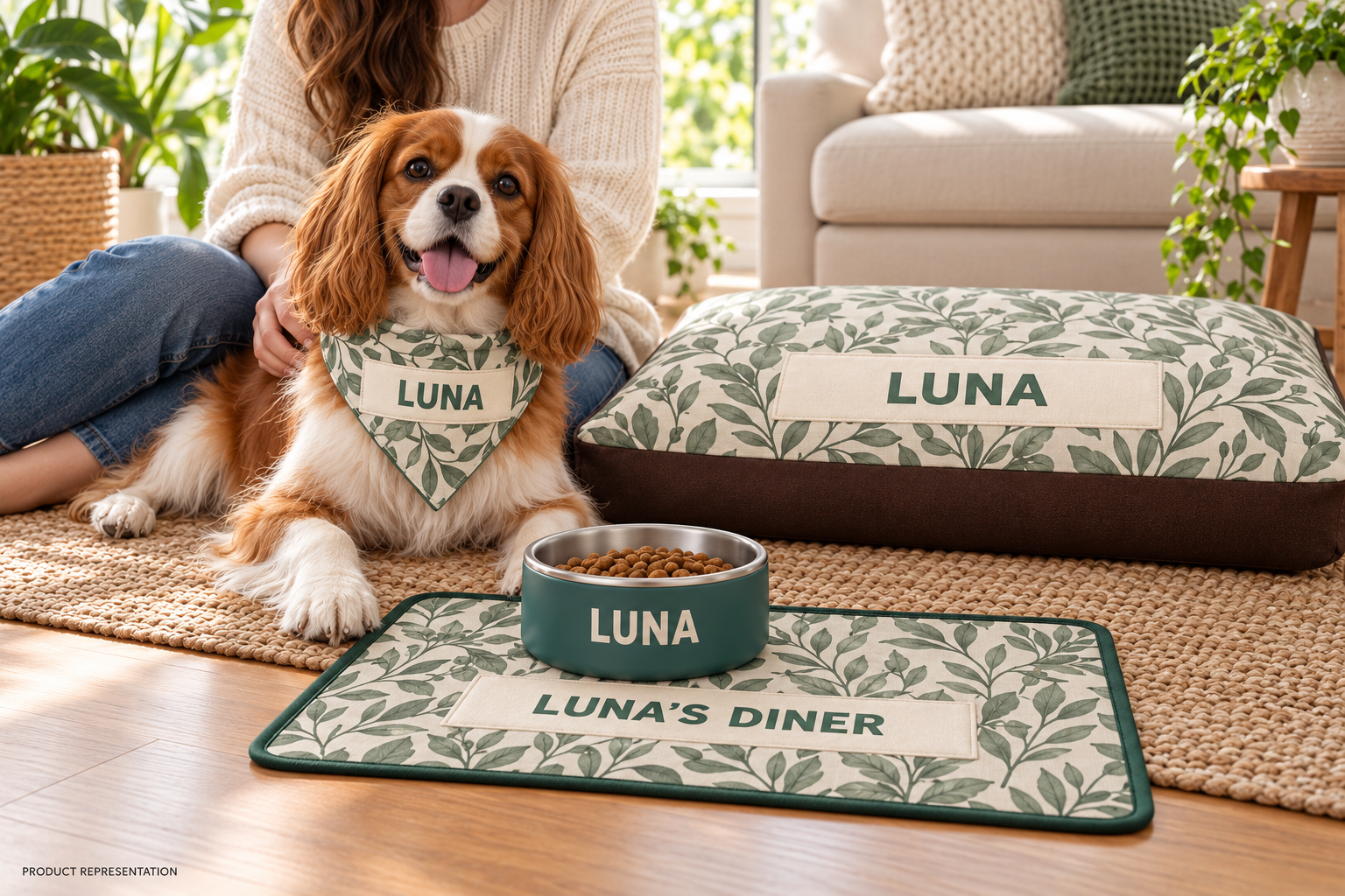Botanical Buddy Bundle lifestyle concept with a dog, matching bandana, feeding mat, pillow bed and solid-color stainless steel bowl